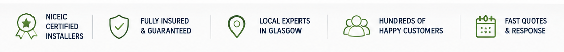EV charger installer trust strip showing NICEIC certification, insurance, Glasgow expertise, customer satisfaction and fast response times.